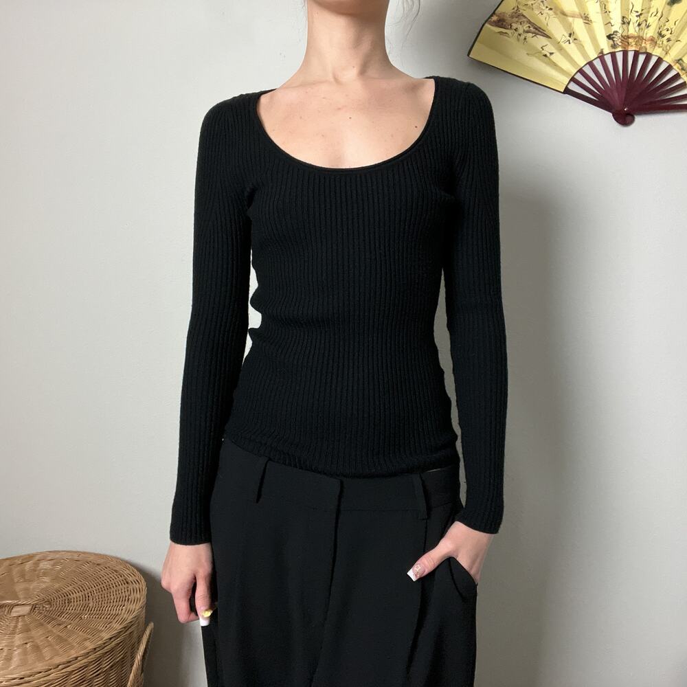 banana republic black minimalist fitted ribbed knit scoop neck sweater top